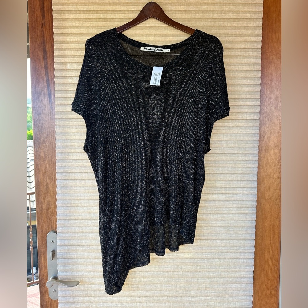 NWT Michael Stars Black and Shiny Gold Scoop Neck Lurex Shirt One Size Fits Most